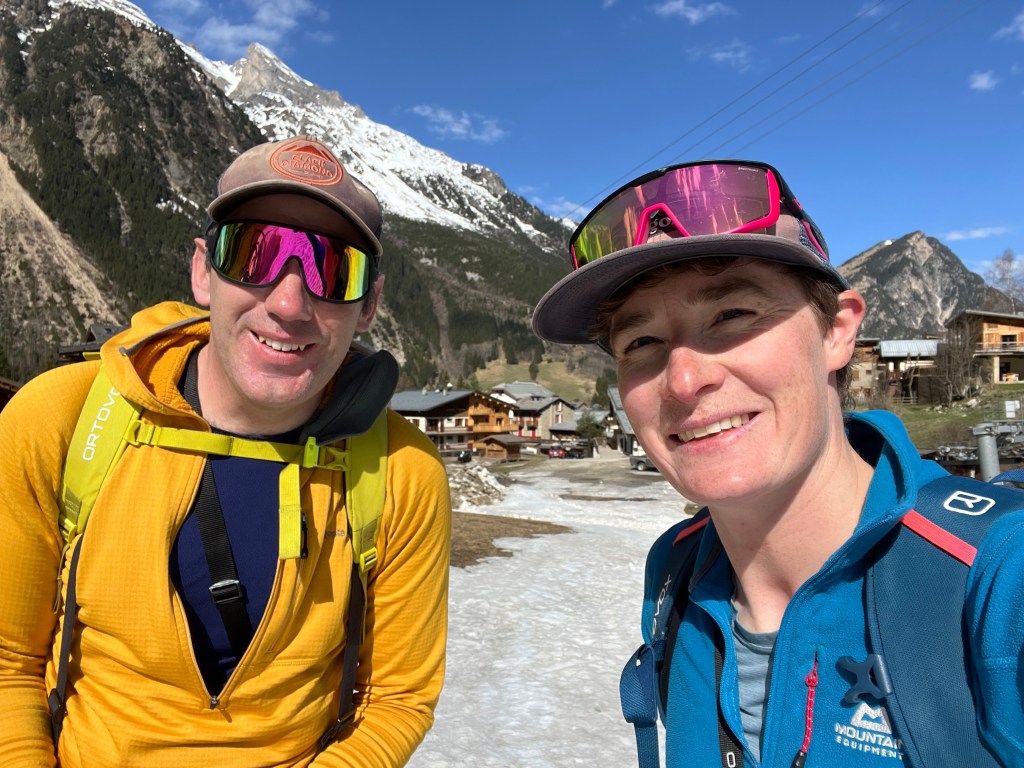 authors in the sunshine about to head out on a ski tour.