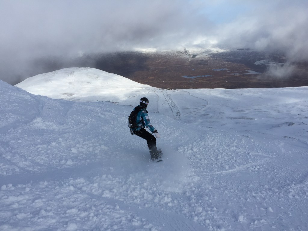 snowboarder enjoying excellent conditions at Glencoe ski resort.